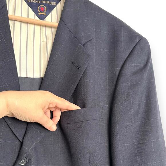 Tommy Hilfiger 100% Wool Navy Blue Windowpane Plaid Three Button Blazer Mens 42R - Picture 5 of 12